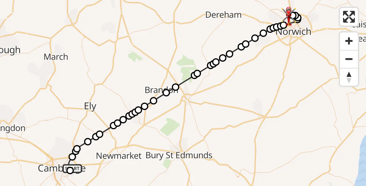 Flight route Air Ambulance Helicopter Cambridge City Airport - Norwich Airport, 21 October 2026, 23:14