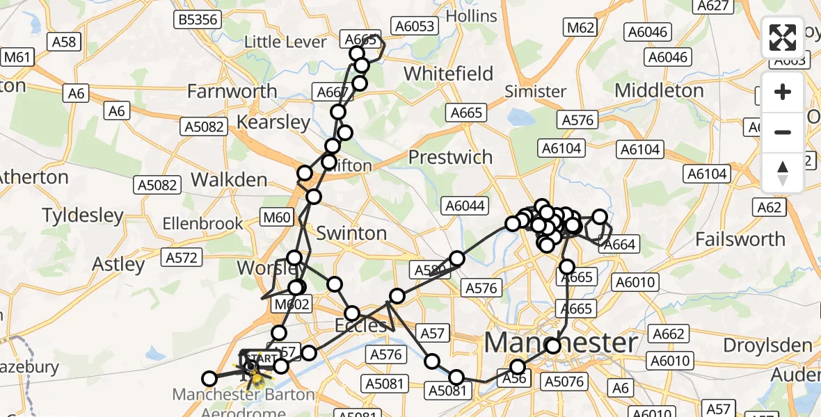 Flight route Police Helicopter Manchester Barton Aerodrome - Manchester Barton Aerodrome, 21 October 2026, 23:47
