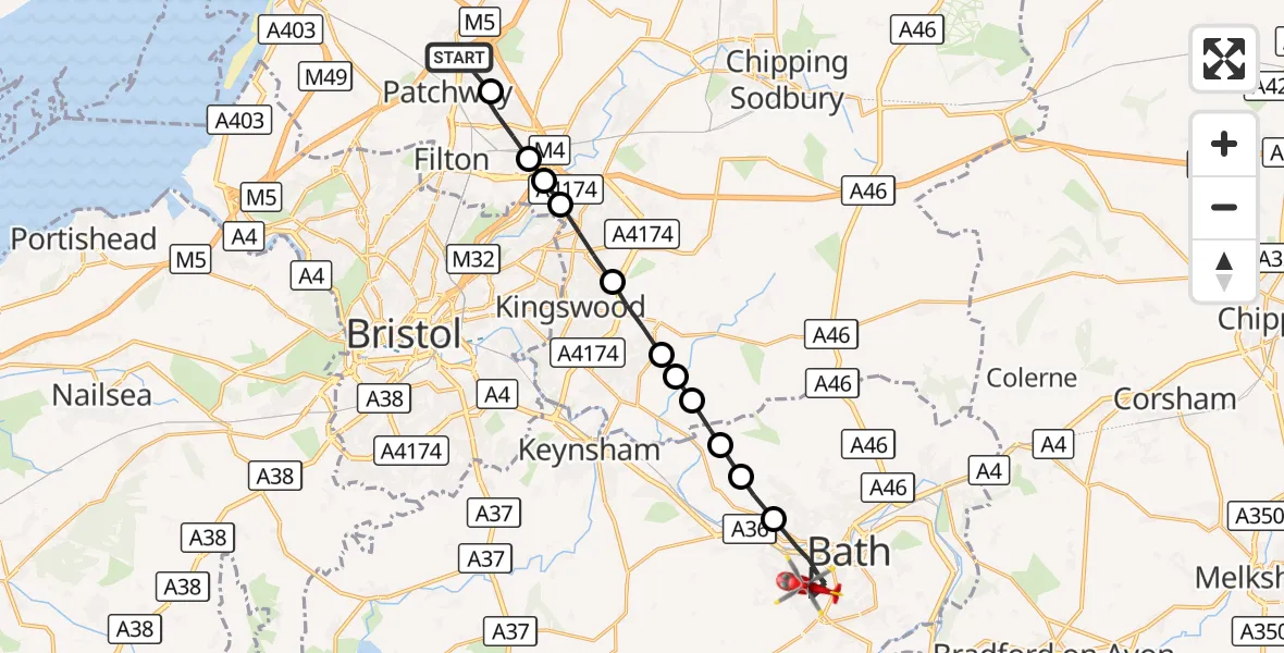 Flight route Air Ambulance Helicopter Patchway - Bath, 22 October 2026, 06:33