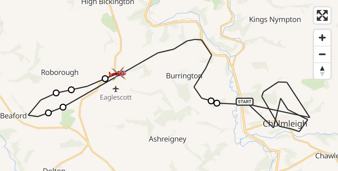 Flight route Air Ambulance Helicopter Chulmleigh - North Devon, 22 October 2026, 07:30