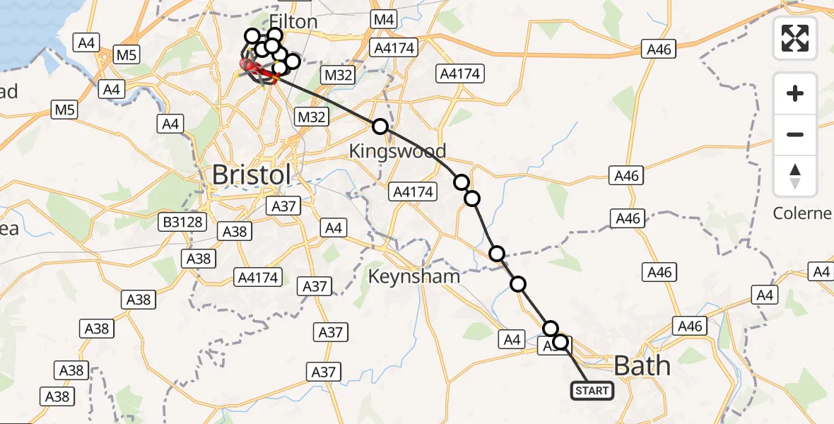 Flight route Air Ambulance Helicopter Bath - Bristol, 22 October 2026, 07:49