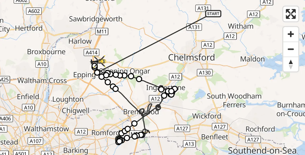 Flight route Police Helicopter Braintree - North Weald Airfield, 22 October 2026, 08:01