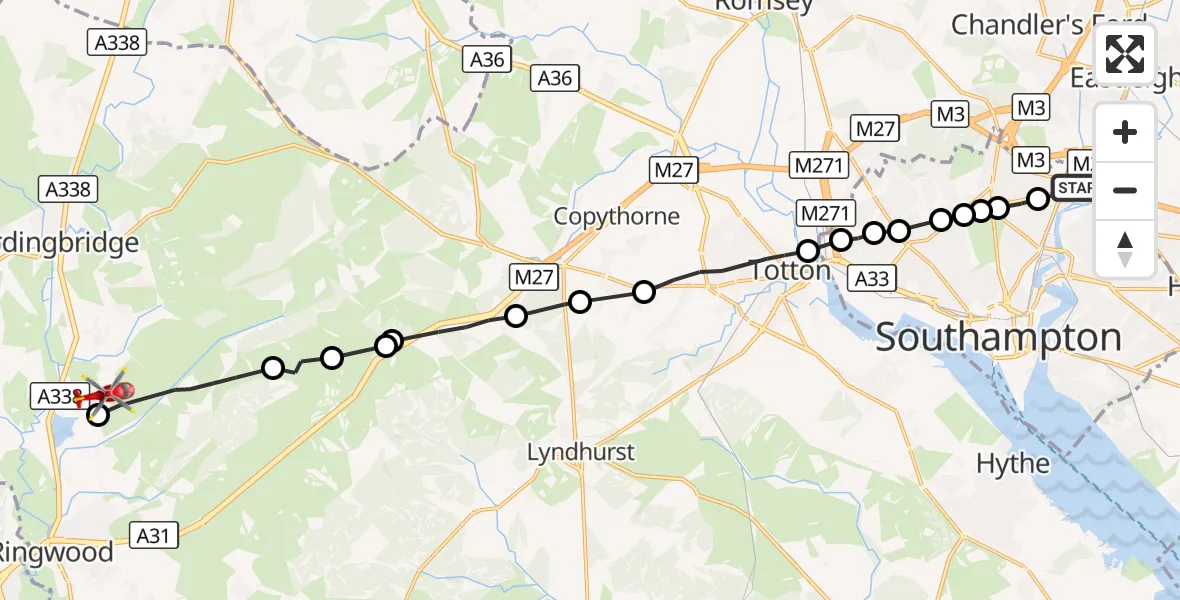 Flight route Air Ambulance Helicopter Mansbridge - Ibsley, 22 October 2026, 08:56