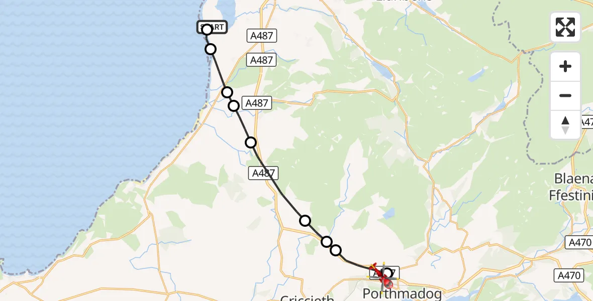 Flight route Air Ambulance Helicopter Caernarfon Airport - Tremadog, 22 October 2026, 09:08