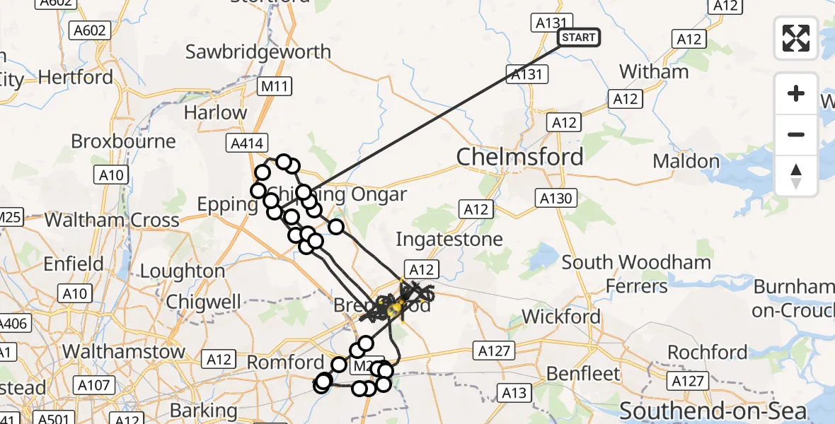 Flight route Police Helicopter Braintree - Brentwood, 22 October 2026, 09:12