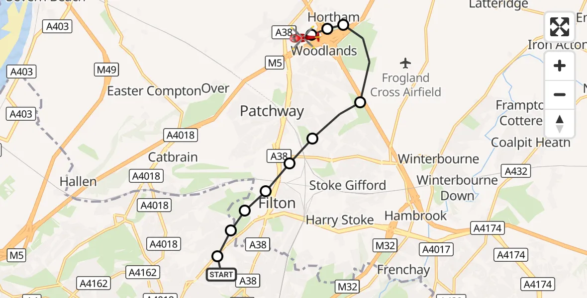 Flight route Air Ambulance Helicopter Southmead Hospital - Almondsbury Helicopter Base, 22 October 2026, 09:29