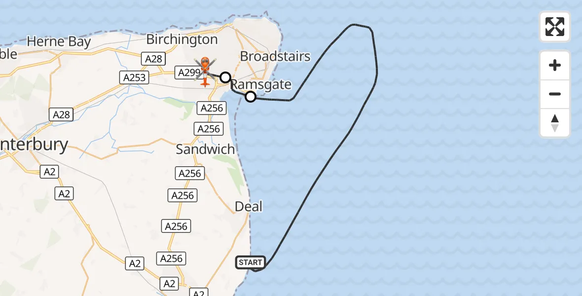 Flight route Coastguard Helicopter North Sea - Manston Airport, 22 October 2026, 09:32