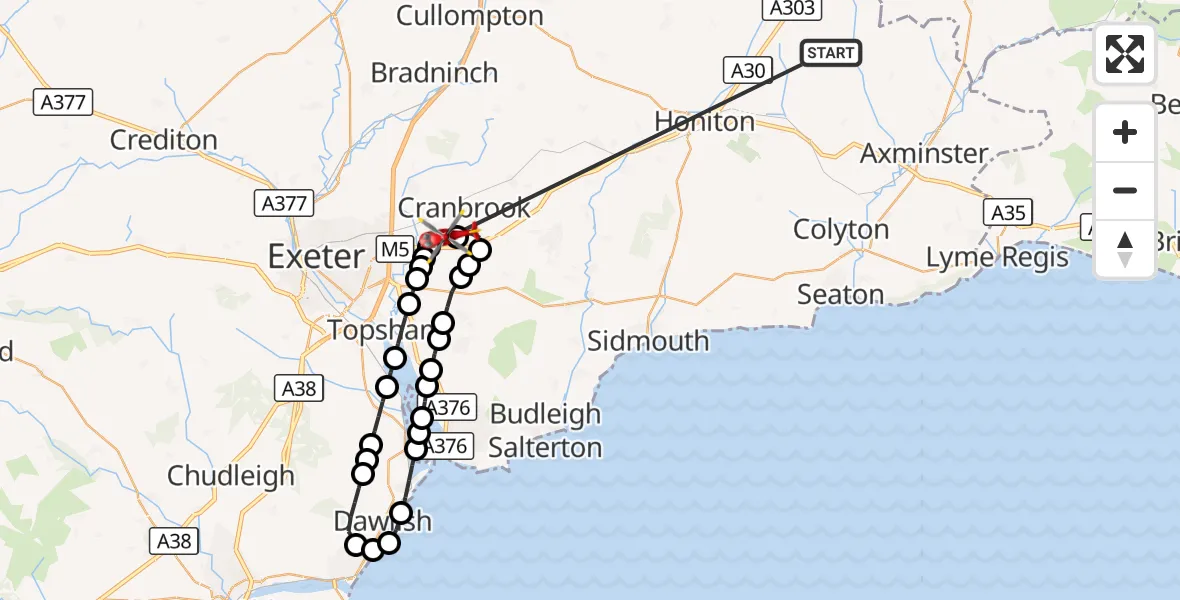 Flight route Air Ambulance Helicopter Stockland - Exeter International Airport, 22 October 2026, 09:41
