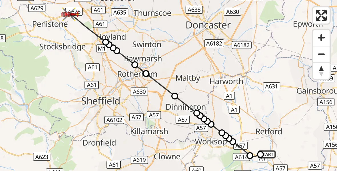 Flight route Air Ambulance Helicopter Retford Gamston Airport - Barnsley, 22 October 2026, 09:48