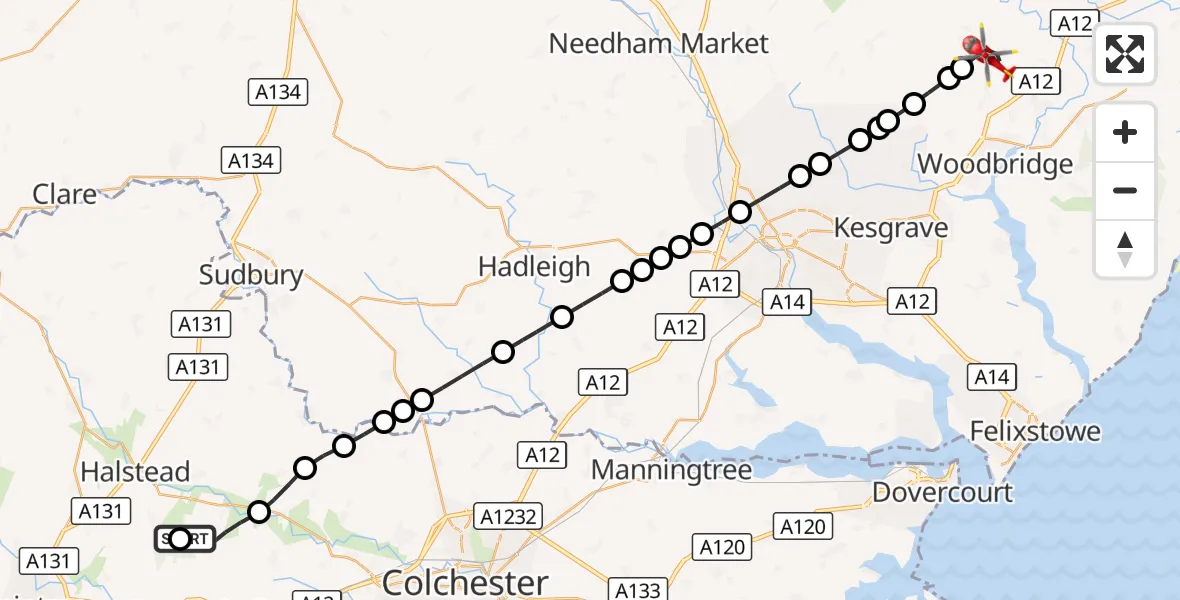 Flight route Air Ambulance Helicopter Earls Colne Airfield - East Suffolk, 22 October 2026, 09:51