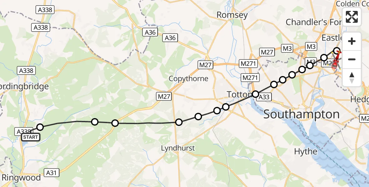 Flight route Air Ambulance Helicopter Ibsley - Southampton Airport, 22 October 2026, 10:05