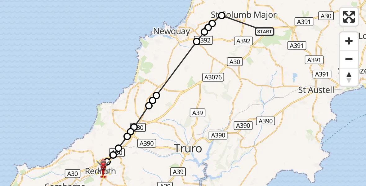 Flight route Air Ambulance Helicopter St. Columb Major - Redruth, 22 October 2026, 10:17