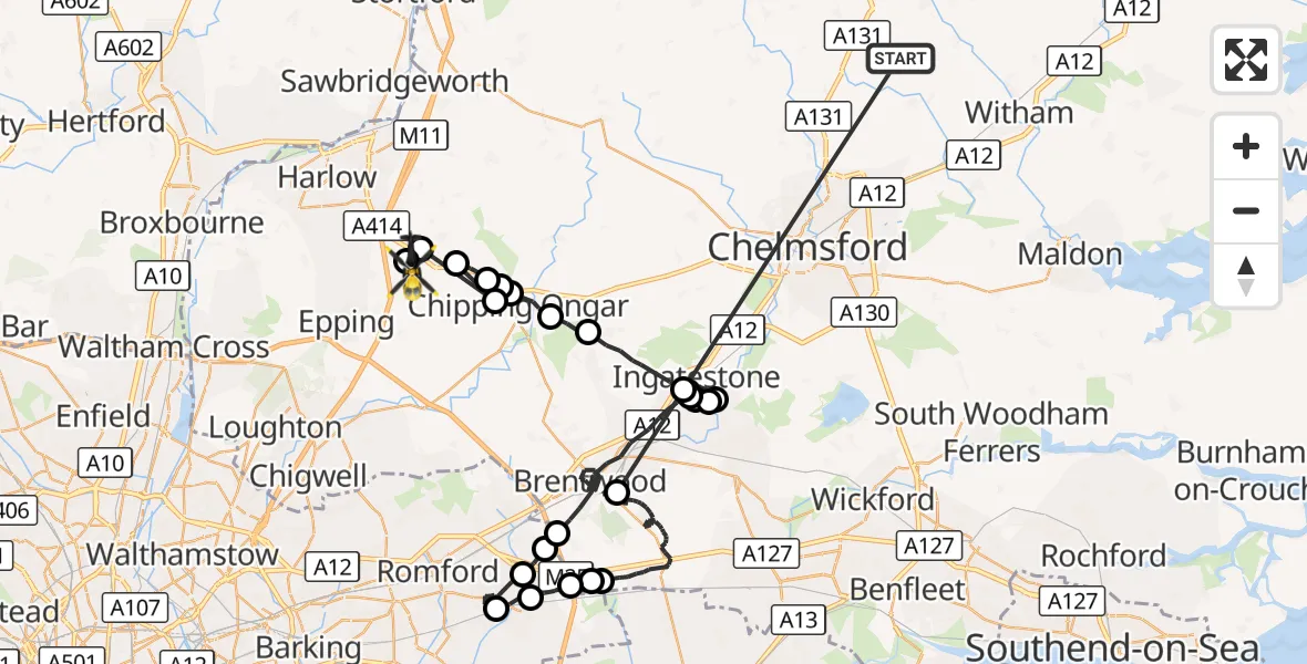 Flight route Police Helicopter Braintree - North Weald Bassett, 22 October 2026, 10:24