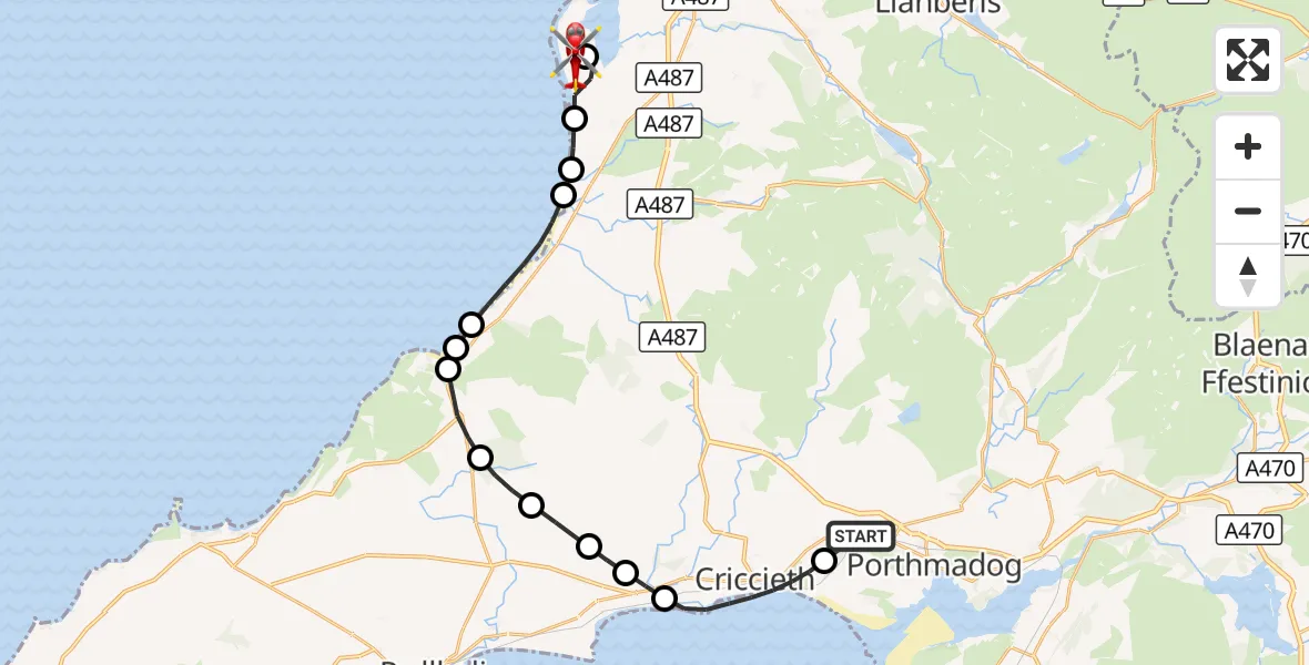 Flight route Air Ambulance Helicopter Penmorfa - Caernarfon Airport, 22 October 2026, 10:27