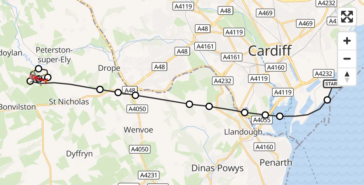 Flight route Air Ambulance Helicopter Cardiff Heliport - Pendoylan, 22 October 2026, 10:32
