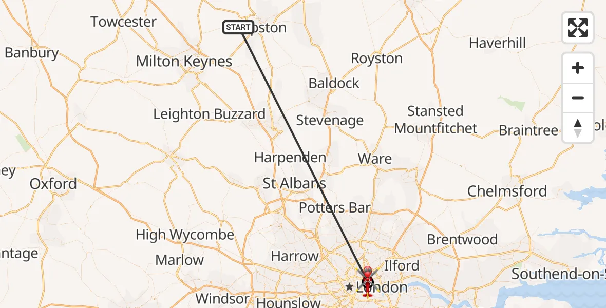 Flight route Air Ambulance Helicopter Stagsden - Royal London Hospital, 22 October 2026, 10:36