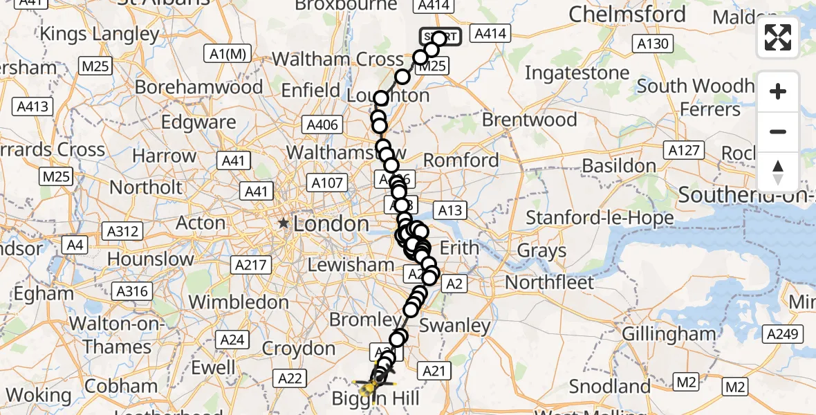 Flight route Police Helicopter North Weald Airfield - London Biggin Hill Airport, 22 October 2026, 10:37