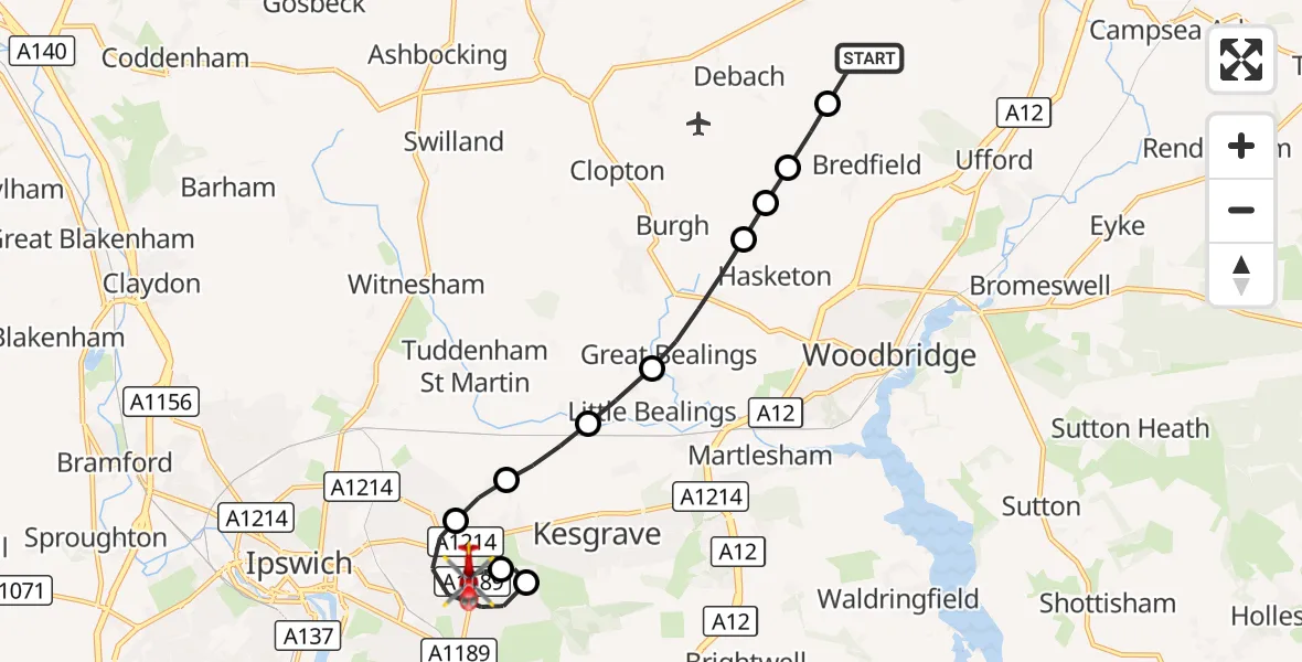 Flight route Air Ambulance Helicopter East Suffolk - Ipswich, 22 October 2026, 10:43