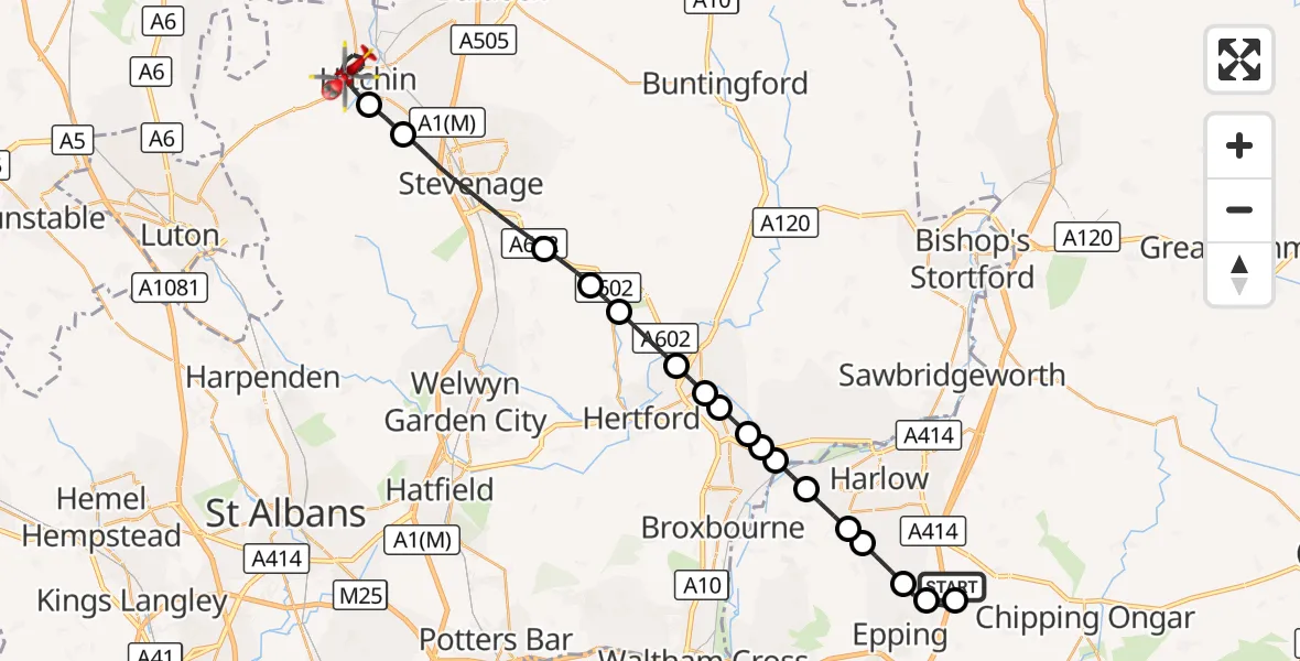 Flight route Air Ambulance Helicopter North Weald Airfield - Hitchin, 22 October 2026, 10:55