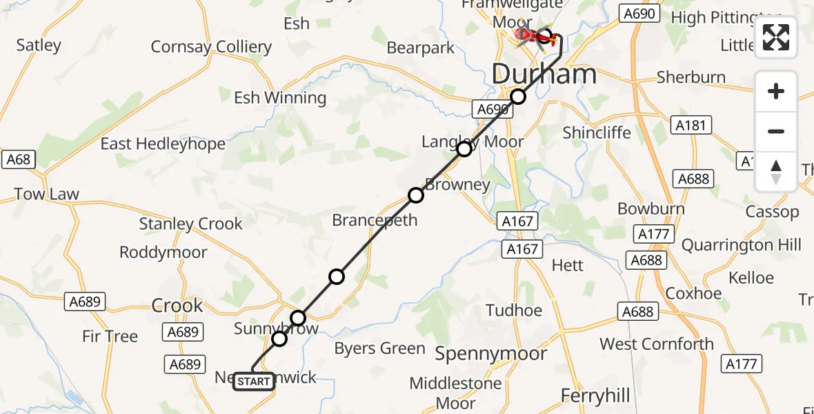 Flight route Air Ambulance Helicopter New Hunwick - Pity Me, 22 October 2026, 11:00