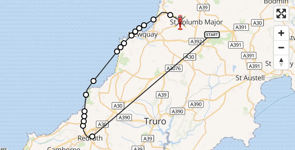 Flight route Air Ambulance Helicopter St. Columb Major - Cornwall Airport Newquay, 22 October 2026, 11:21