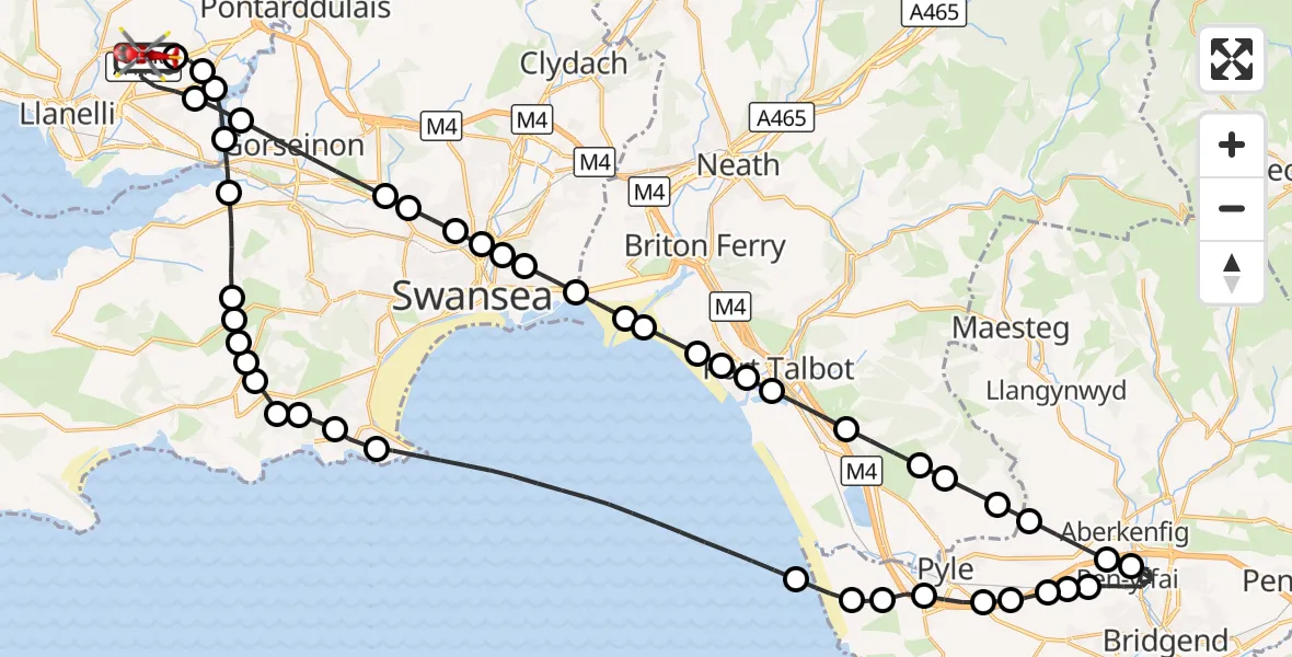 Flight route Air Ambulance Helicopter Dafen - Dafen, 22 October 2026, 11:36