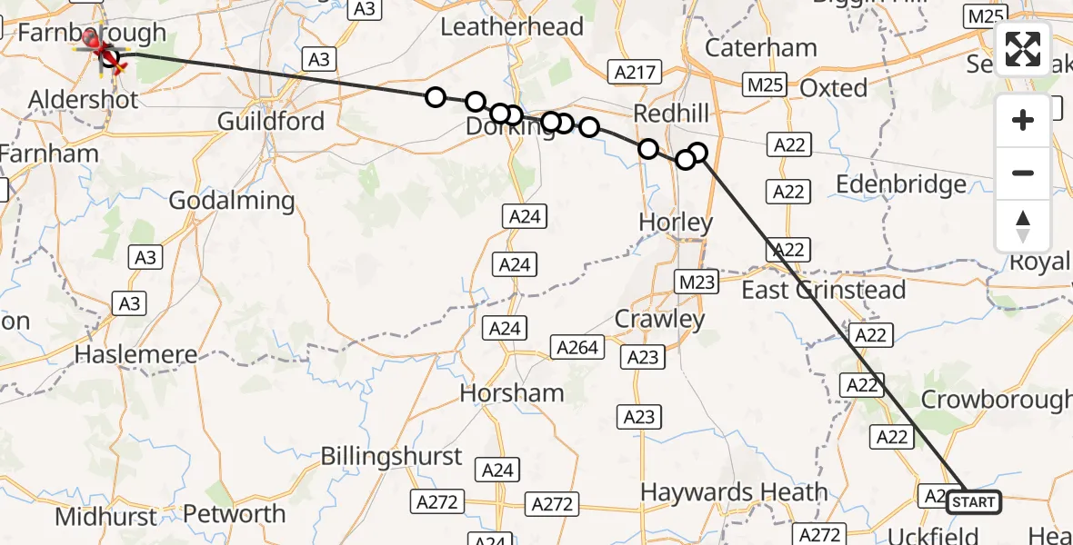 Flight route Air Ambulance Helicopter Buxted - Farnborough, 22 October 2026, 11:39