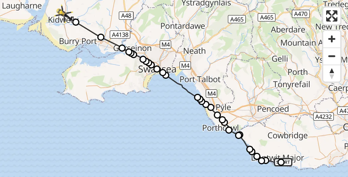 Flight route Police Helicopter Boverton - Kidwelly, 22 October 2026, 11:43