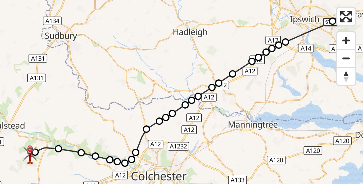 Flight route Air Ambulance Helicopter Ipswich Hospital - Earls Colne Airfield, 22 October 2026, 11:47