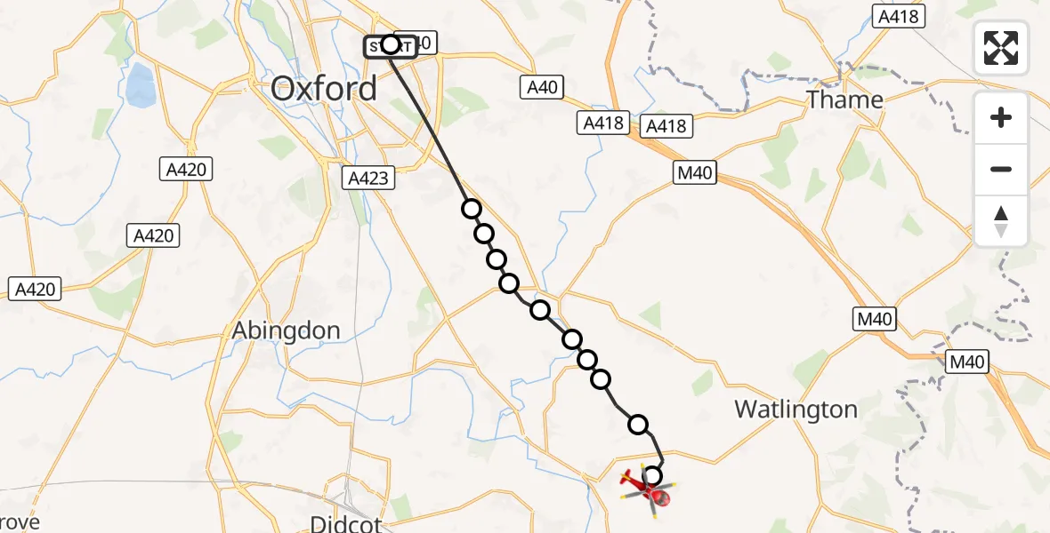 Flight route Air Ambulance Helicopter John Radcliffe Hospital - RAF Benson, 22 October 2026, 11:49