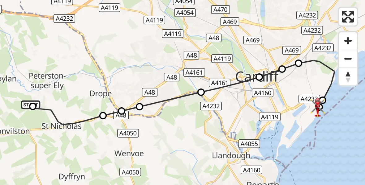 Flight route Air Ambulance Helicopter Pendoylan - Cardiff Heliport, 22 October 2026, 11:49