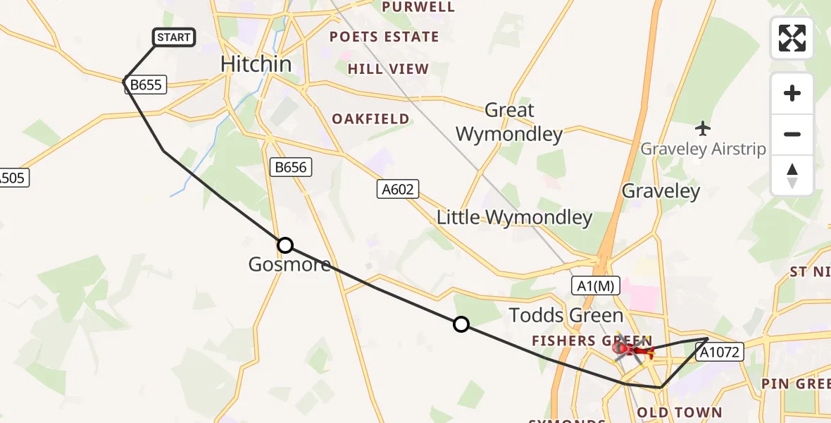 Flight route Air Ambulance Helicopter Hitchin - Stevenage, 22 October 2026, 11:52