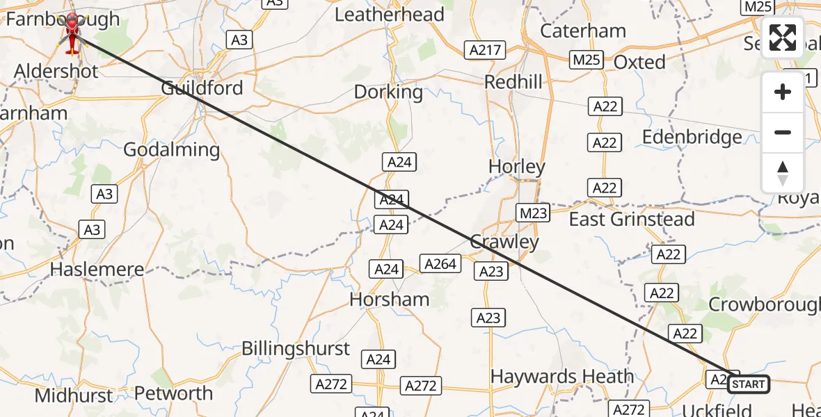 Flight route Air Ambulance Helicopter Buxted - Farnborough, 22 October 2026, 11:55