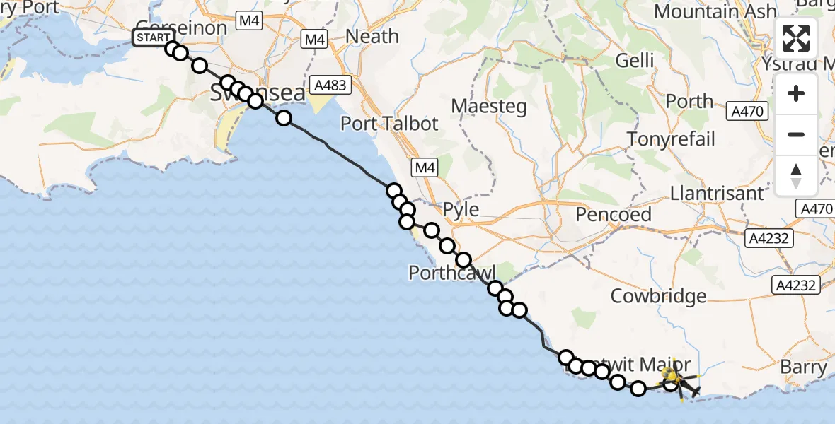 Flight route Police Helicopter Loughor - Gileston, 22 October 2026, 12:22