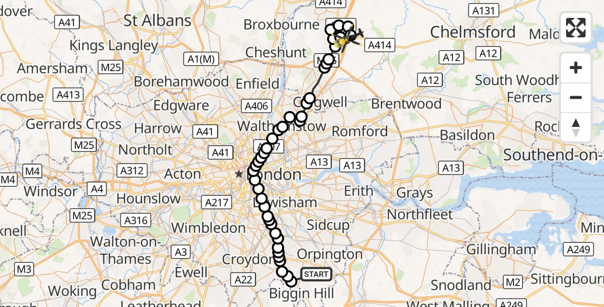 Flight route Police Helicopter Green Street Green - North Weald Airfield, 22 October 2026, 12:25