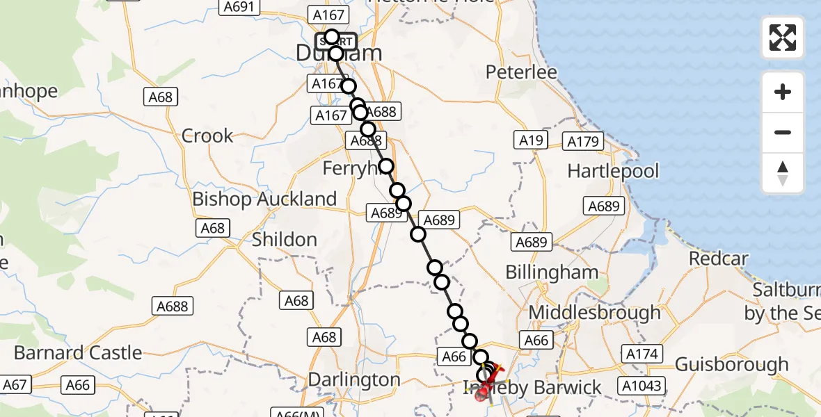 Flight route Air Ambulance Helicopter Durham - Egglescliffe, 22 October 2026, 12:29
