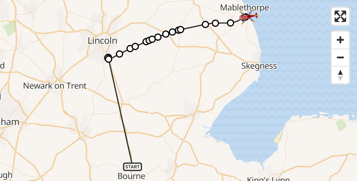 Flight route Air Ambulance Helicopter Morton - Sutton-on-Sea, 22 October 2026, 12:38