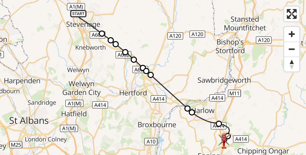 Flight route Air Ambulance Helicopter Stevenage - North Weald Airfield, 22 October 2026, 12:41