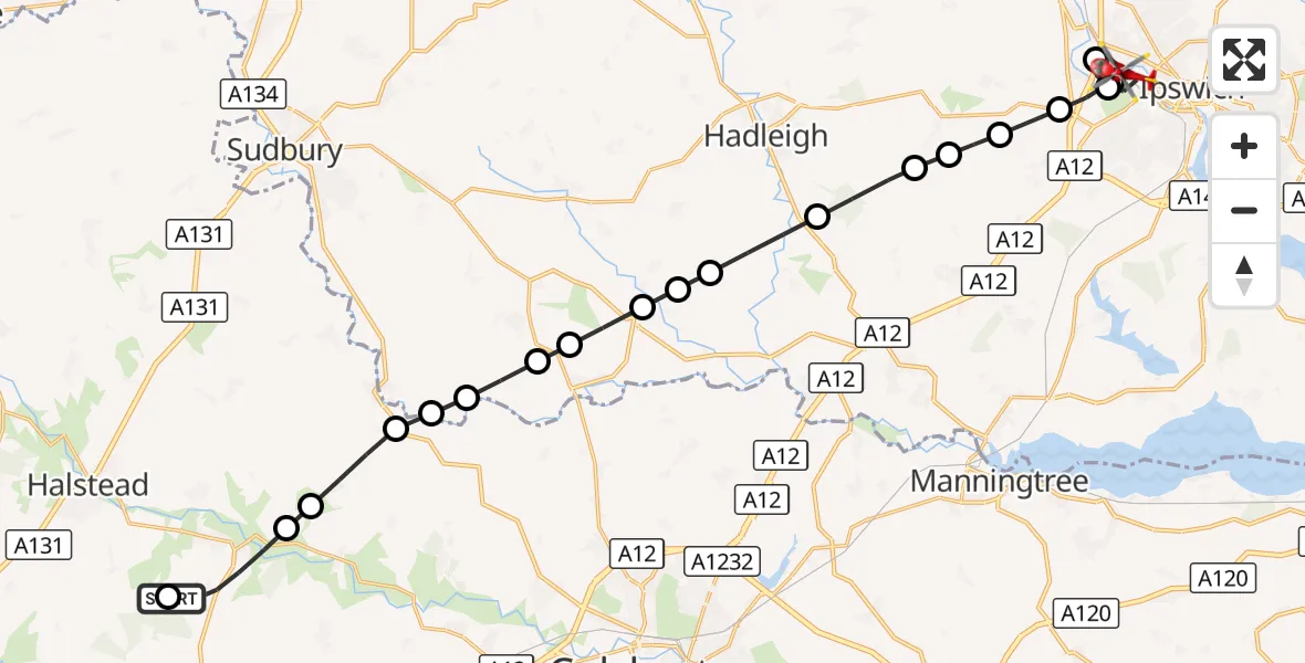 Flight route Air Ambulance Helicopter Earls Colne Airfield - Ipswich, 22 October 2026, 12:45
