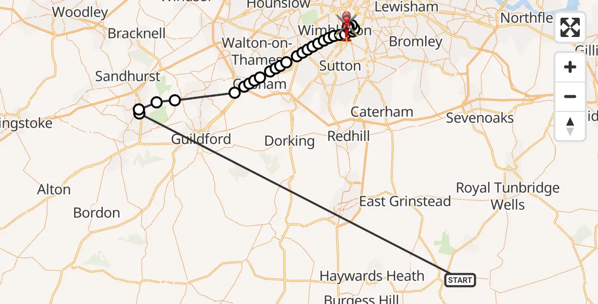 Flight route Air Ambulance Helicopter Buxted - St Georges Hospital, 22 October 2026, 12:48