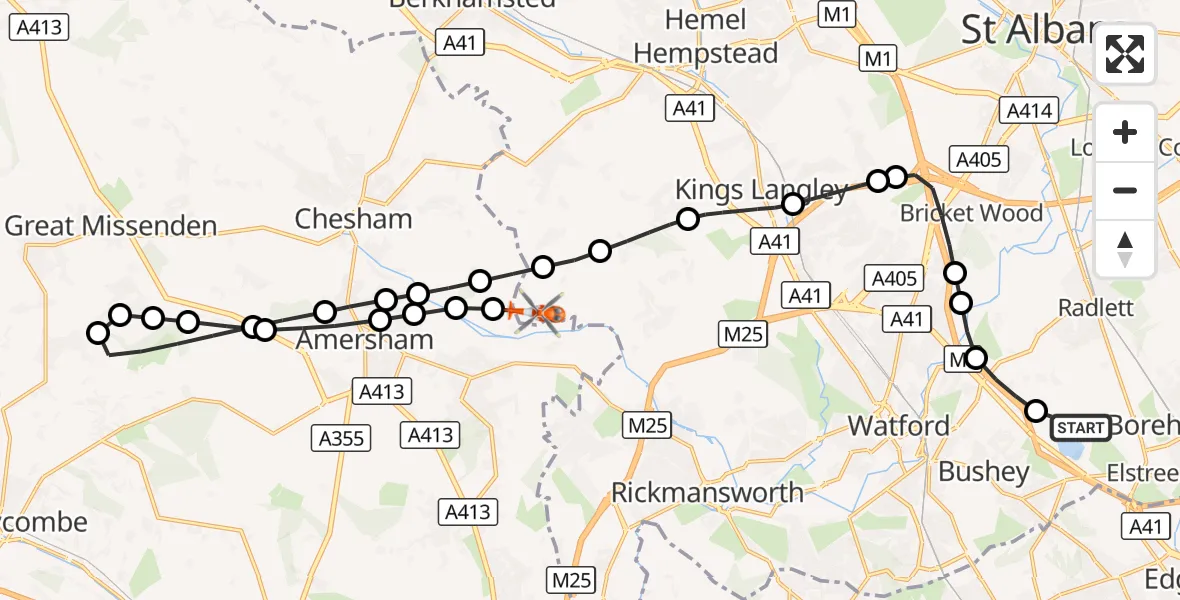 Flight route Coastguard Helicopter Elstree Airfield - Flaunden, 22 October 2026, 12:56