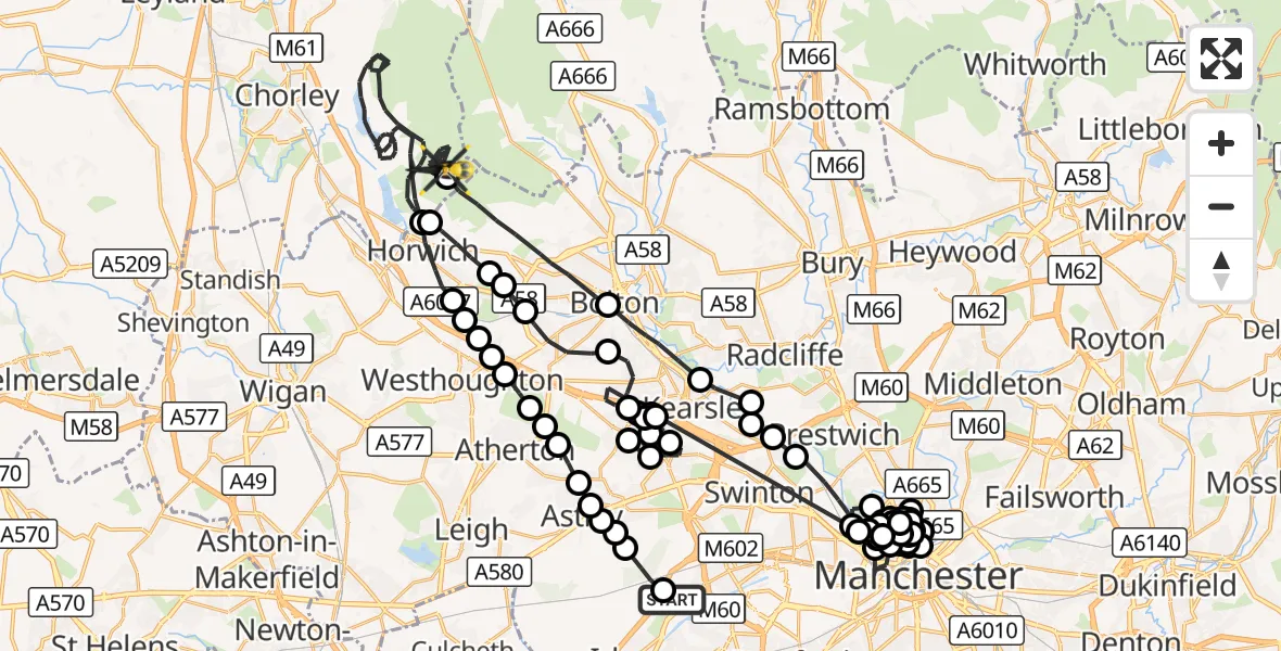 Flight route Police Helicopter Manchester Barton Aerodrome - Chorley, 22 October 2026, 12:59