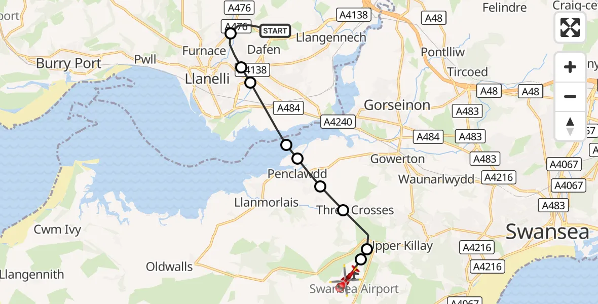 Flight route Air Ambulance Helicopter Dafen - Swansea Airport, 22 October 2026, 13:14