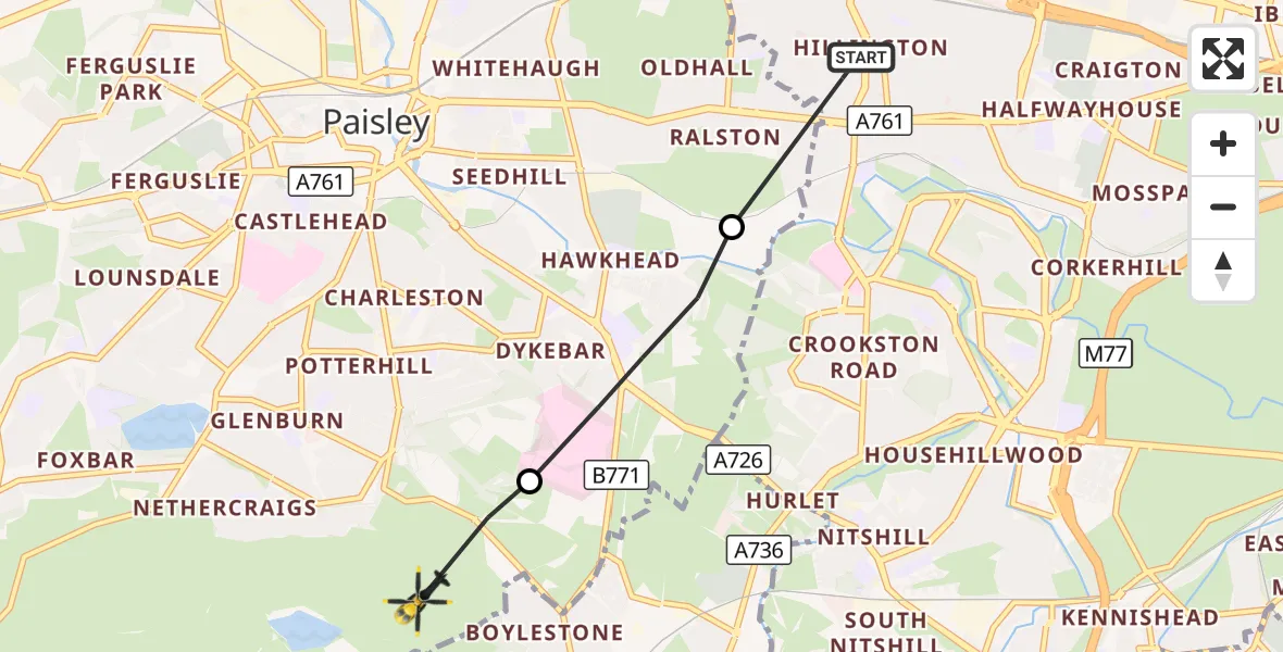 Flight route Police Helicopter Glasgow - Paisley, 22 October 2026, 13:14