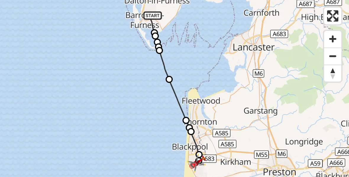 Flight route Air Ambulance Helicopter Barrow-in-Furness - Common Edge, 22 October 2026, 13:15