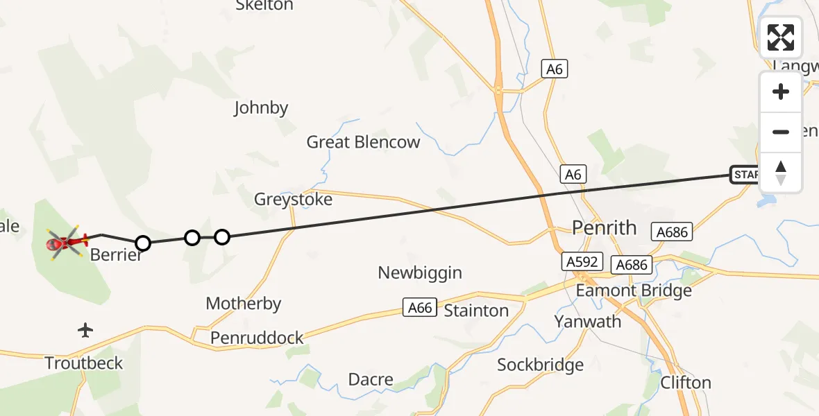 Flight route Air Ambulance Helicopter Penrith - Troutbeck, 22 October 2026, 13:15
