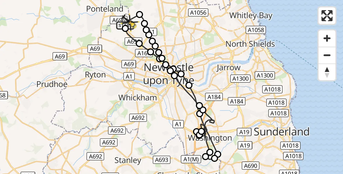 Flight route Police Helicopter Newcastle International Airport - Newcastle International Airport, 22 October 2026, 13:16