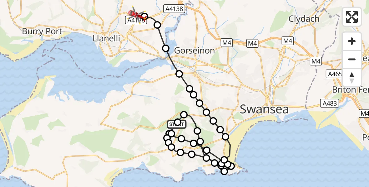 Flight route Air Ambulance Helicopter Swansea Airport - Dafen, 22 October 2026, 13:41