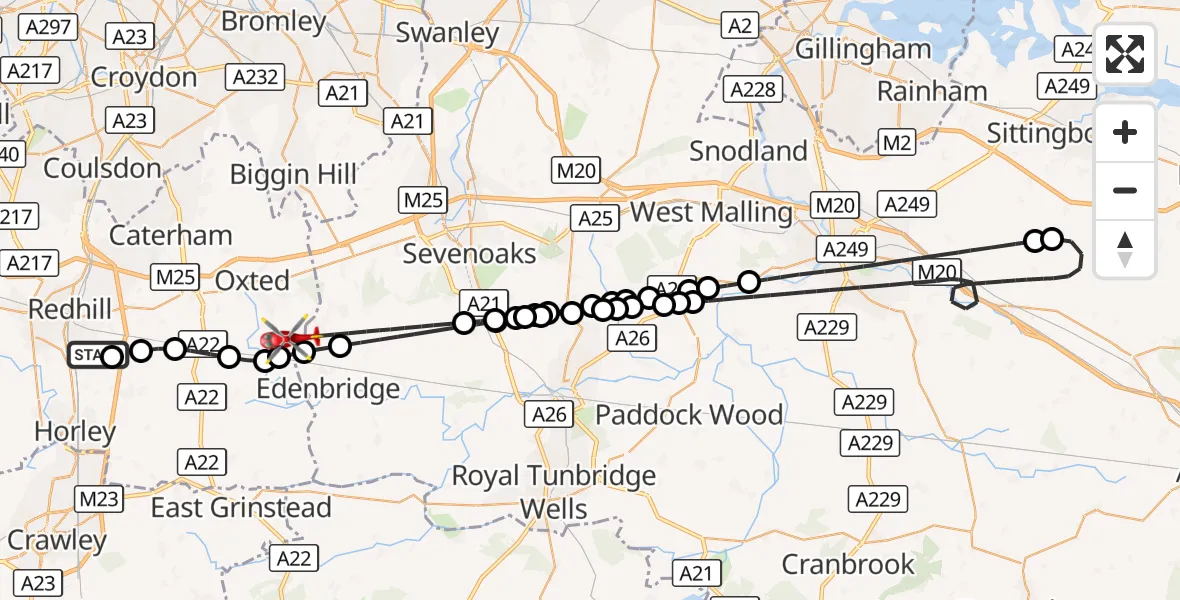 Flight route Air Ambulance Helicopter Redhill Aerodrome - Tandridge, 22 October 2026, 13:51
