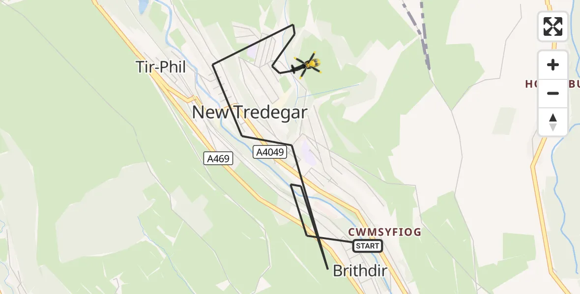 Flight route Police Helicopter New Tredegar - New Tredegar, 22 October 2026, 13:52